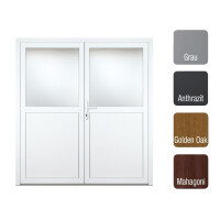 Zweiflügeliges Gealan Garagentor aus Kunststoff · Doppeltür Flügeltor für Garage & Werkstatt · Modell G7410S2 (1/2 Glas) · Farben: Weiß, Grau, Anthrazit, Golden Oak oder Mahagoni (Braun) · Maßanfertigung · nach innen & außen öffnend wählbar · Serie G74S2