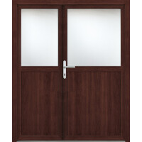 Zweiflügeliges Gealan Flügeltor aus Kunststoff · Doppeltür Garagentor für Garage & Werkstatt · Modell G7414S2 (1/2 Glas) · Farben: Weiß, Grau, Anthrazit, Golden Oak oder Mahagoni (Braun) · Maßanfertigung · asymmetrische Teilung · Serie G74S2