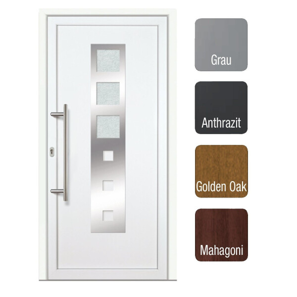 Gealan Kunststoff Haustür · Modell G7442S2 · Farben: Weiß, Grau, Anthrazit, Golden Oak oder Mahagoni (Braun) · Maßanfertigung cm genau · nach innen & außen öffnend wählbar ·  inklusive hochwertigem  Griffset aus Edelstahl · Serie G74S2