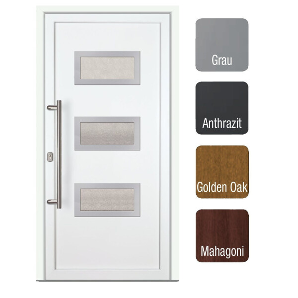 Gealan Kunststoff Haustür · Modell G7468S2 · Farben: Weiß, Grau, Anthrazit, Golden Oak oder Mahagoni (Braun) · Maßanfertigung cm genau · nach innen & außen öffnend wählbar · inklusive hochwertigem  Griffset aus Edelstahl ·  Serie G74S2