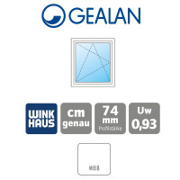 Gealan Kunststoff Fenster · Modell 01 · 1-flügelig, Dreh-Kipp · 3-fach Wärmeschutzverglasung 40 mm · Farbe: Weiß RAL 9016 · Maßanfertigung cm genau · Uw 0,93  W/m2K · Serie G74 Softline