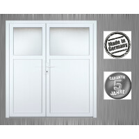 Zweiflügliges Garagentor aus Kunststoff · Doppeltür für Garage & Werkstatt · Modell KL713S2 (1/3 Glas)  · Farben: Weiß RAL 9016 · Maßanfertigung ·  asymmetrische Teilung · Serie KL700S2