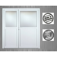 Zweiflügliges Garagentor aus Kunststoff · Doppeltür für Garage & Werkstatt · Modell KL714S2 (1/3 Glas)  · Farben: Weiß RAL 9016 · Maßanfertigung ·  asymmetrische Teilung · Serie KL700S2