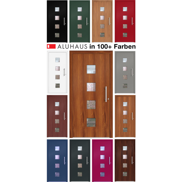 Aluhaus ELITE 75-30 Aluminium Haustür · Modell Idalia · Schlicht · Quadratische Fenster - Flächenbündig & Flügelüberdeckend  · Große Farbauswahl · Maßanfertigung cm genau · nach innen & außen öffnend ·  Serie: Elite Comfort 75 Save