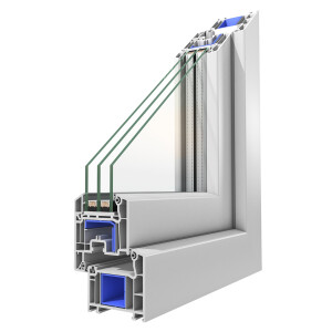 Premium Kunststoff Nebeneingangstür · Ladentür · Garagentür · Modell VEKA70-02-01 (mit1/3 Glas & 2/3 Füllung) · VSG-Glas · Große Farbauswahl · Maßanfertigung cm genau · nach innen oder außen öffnend ·  Serie VEKA70-2