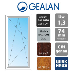 Gealan Kunststoff Balkontür / Terrassentür· Modell 20 · 1-flügelig, Dreh-Kipp · 2-fach Wärmeschutzverglasung · Farben: Grau, Anthrazit, Golden Oak oder Mahagoni (Braun) - innen Weiß · Maßanfertigung cm genau · Uw 1.3  W/m2K · Serie G74/2 Softline