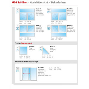 Gealan Kunststoff Balkontür / Terrassentür· Modell 20 · 1-flügelig, Dreh-Kipp · 2-fach Wärmeschutzverglasung · Farben: Grau, Anthrazit, Golden Oak oder Mahagoni (Braun) - innen Weiß · Maßanfertigung cm genau · Uw 1.3  W/m2K · Serie G74/2 Softline