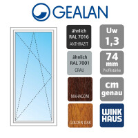 Gealan Kunststoff Balkontür / Terrassentür· Modell 20 · 1-flügelig, Dreh-Kipp · 2-fach Wärmeschutzverglasung · Farben: Grau, Anthrazit, Golden Oak oder Mahagoni (Braun) - innen Weiß · Maßanfertigung cm genau · Uw 1.3  W/m2K · Serie G74/2 Softline