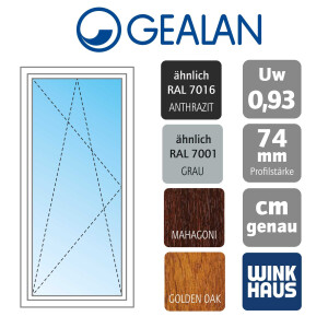 Gealan Kunststoff Balkontür / Terrassentür· Modell 20 · 1-flügelig, Dreh-Kipp · 3-fach Wärmeschutzverglasung 40 mm · Farben: Grau, Anthrazit, Golden Oak oder Mahagoni (Braun) - innen Weiß · Maßanfertigung cm genau · Uw 0.93  W/m2K · Serie G74/2 Softline