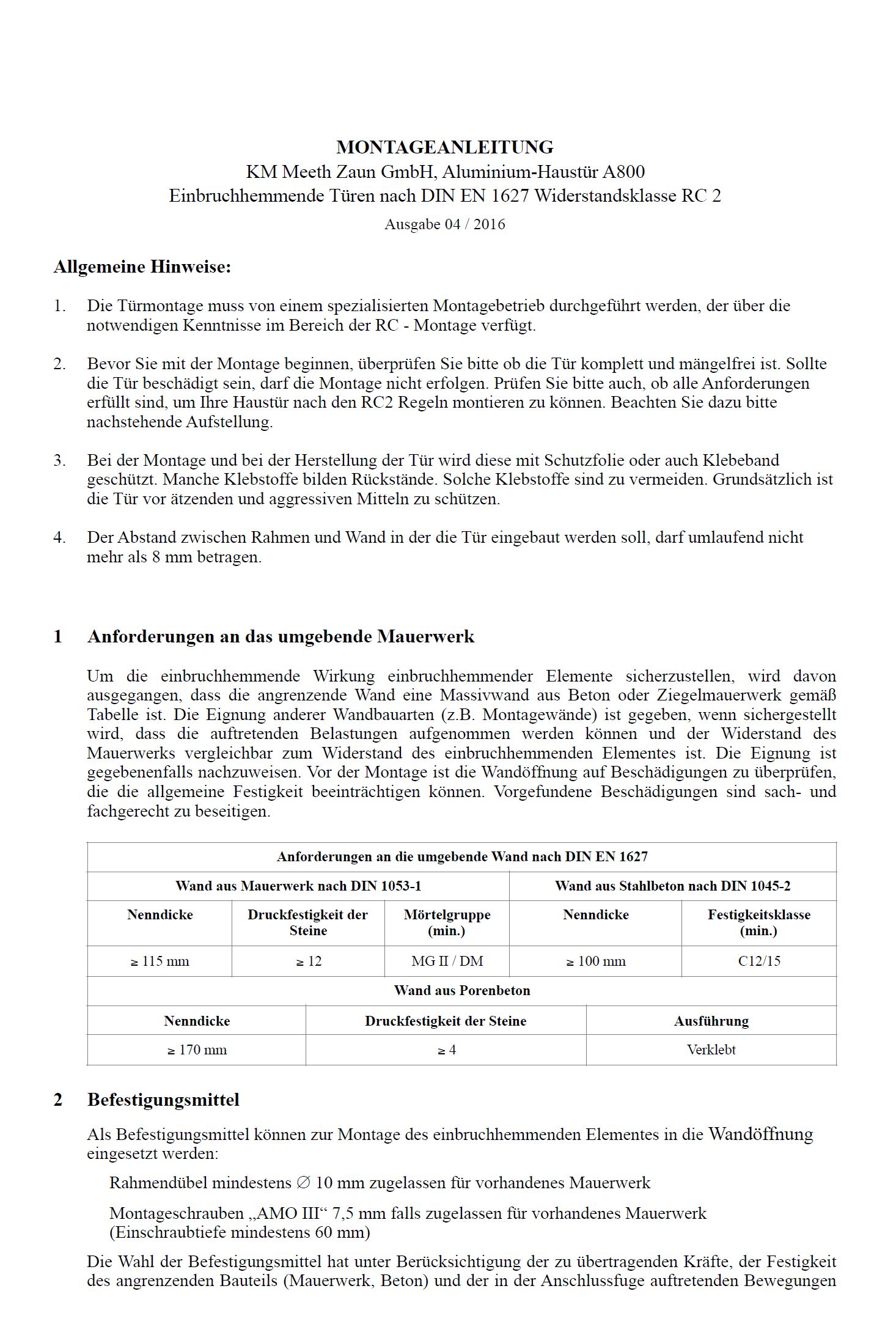 Montageanleitung Aluminium Haustüren A800S4 RC2 Seite 1