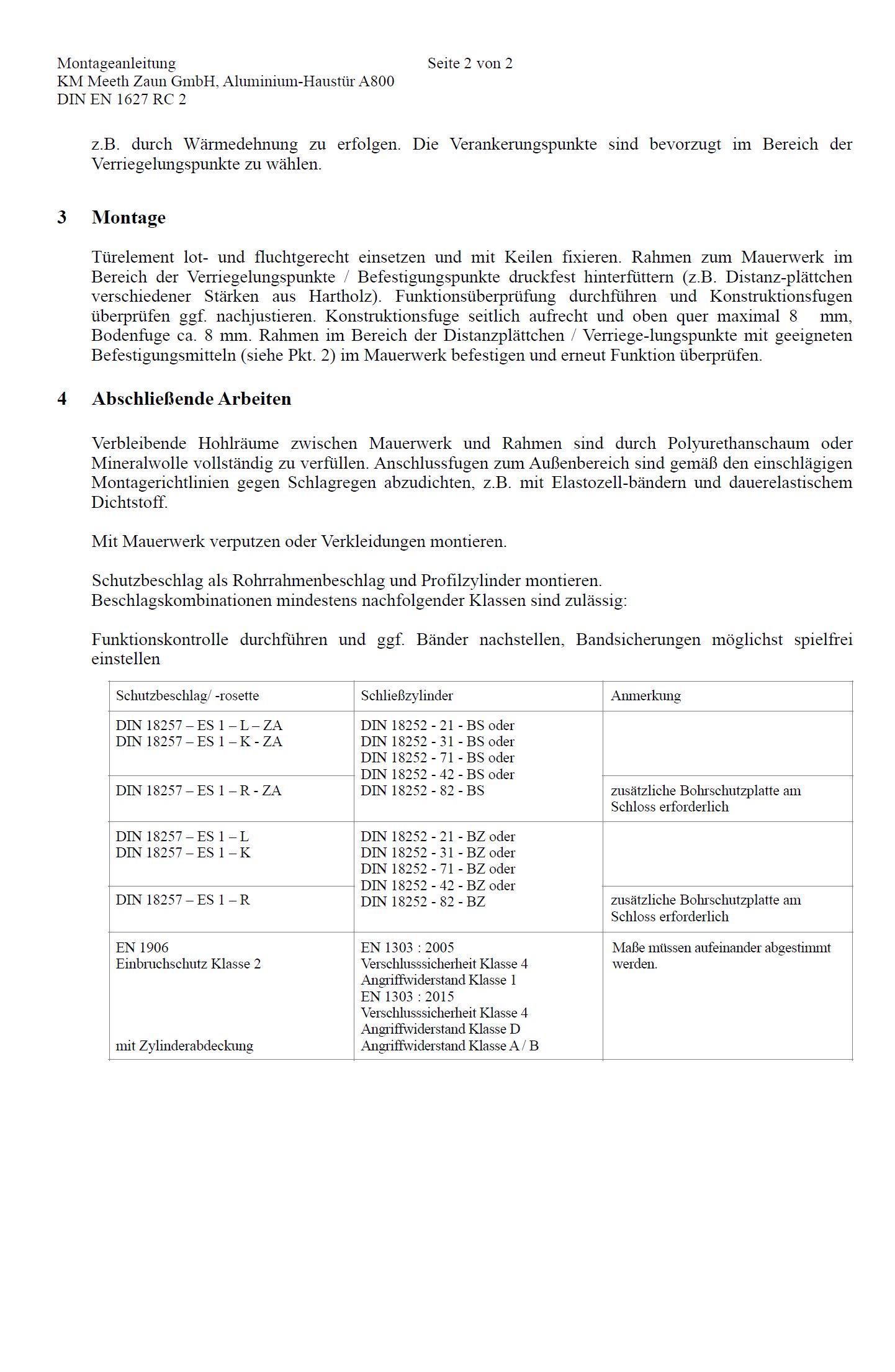 Montageanleitung Aluminium Haustüren A800S4 RC2 Seite 2